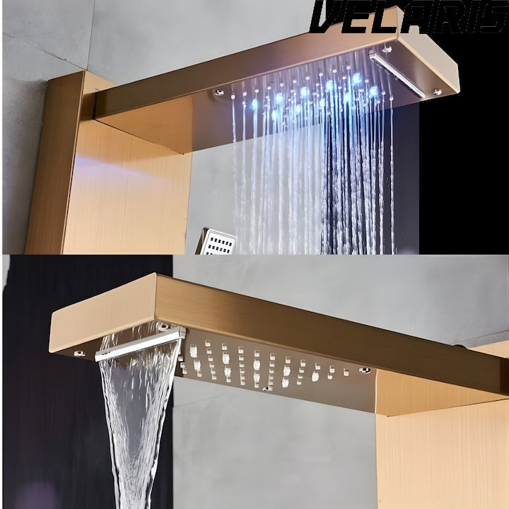 Panou dus hidromasaj 5 functii LED digital inox auriu satin 120 cm, afisaj temperatura anticalcar dus tip ploaie cascada, para mobila, jeturi masaj baie, premium