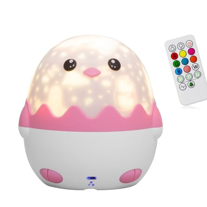 Veioză pinguin pentru copii, 13 șabloane proiecție, efecte sonore, lumini multicolore, telecomandă, USB, roz