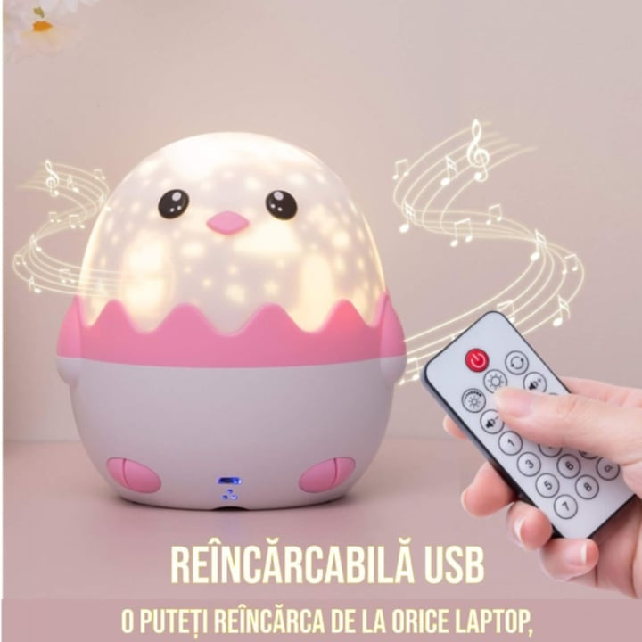 Veioză pinguin pentru copii, 13 șabloane proiecție, efecte sonore, lumini multicolore, telecomandă, USB, roz