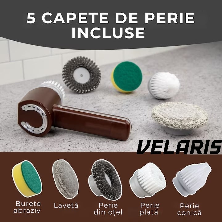 Perie electrica de curatare, fara fir, 350 RPM, set cu 5 capete interschimbabile, pentru bucatarie si baie