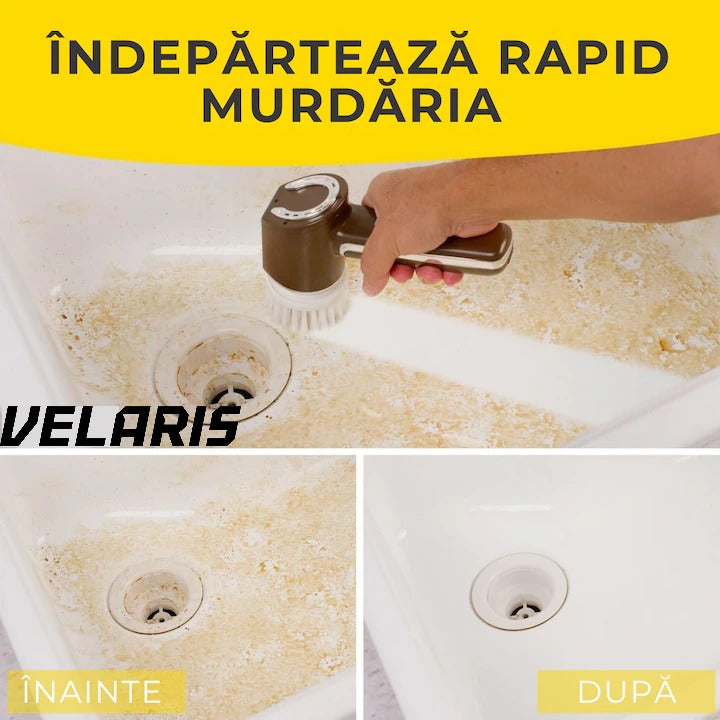 Perie electrica de curatare, fara fir, 350 RPM, set cu 5 capete interschimbabile, pentru bucatarie si baie