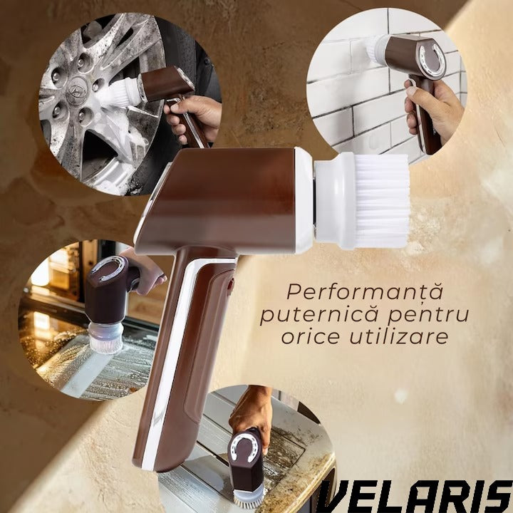 Perie electrica de curatare, fara fir, 350 RPM, set cu 5 capete interschimbabile, pentru bucatarie si baie