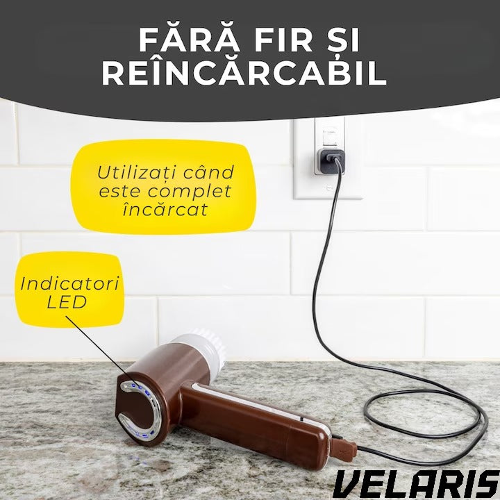 Perie electrica de curatare, fara fir, 350 RPM, set cu 5 capete interschimbabile, pentru bucatarie si baie