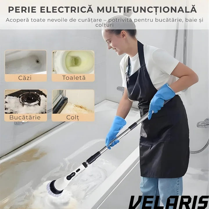 Perie electrica rotativa 9 in 1 cu 9 capete interschimbabile, 2 viteze reglabile, wireless, IPX7, maner extensibil, autonomie mare, LED