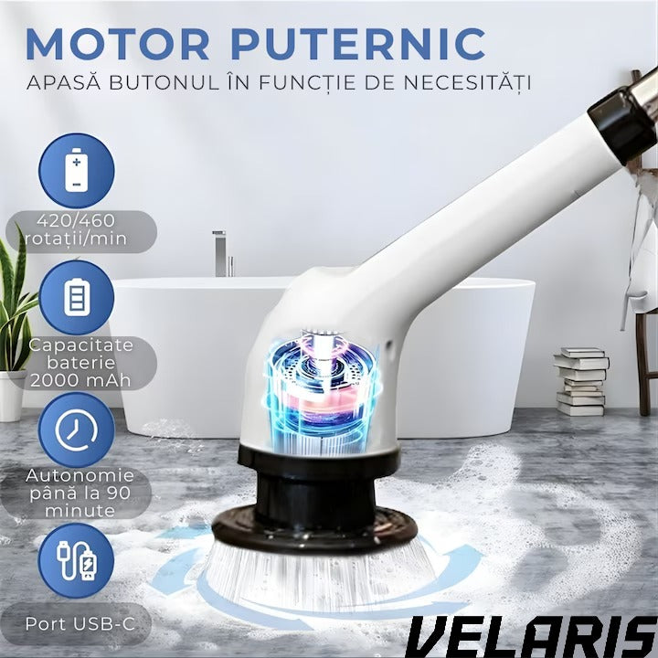 Perie electrica rotativa 9 in 1 cu 9 capete interschimbabile, 2 viteze reglabile, wireless, IPX7, maner extensibil, autonomie mare, LED