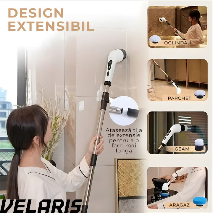 Perie electrica rotativa 9 in 1 cu 9 capete interschimbabile, 2 viteze reglabile, wireless, IPX7, maner extensibil, autonomie mare, LED