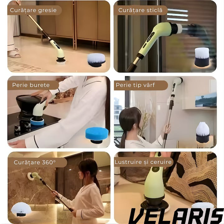Perie electrica rotativa 9 in 1 cu 9 capete interschimbabile, 2 viteze reglabile, wireless, IPX7, maner extensibil, autonomie mare, LED