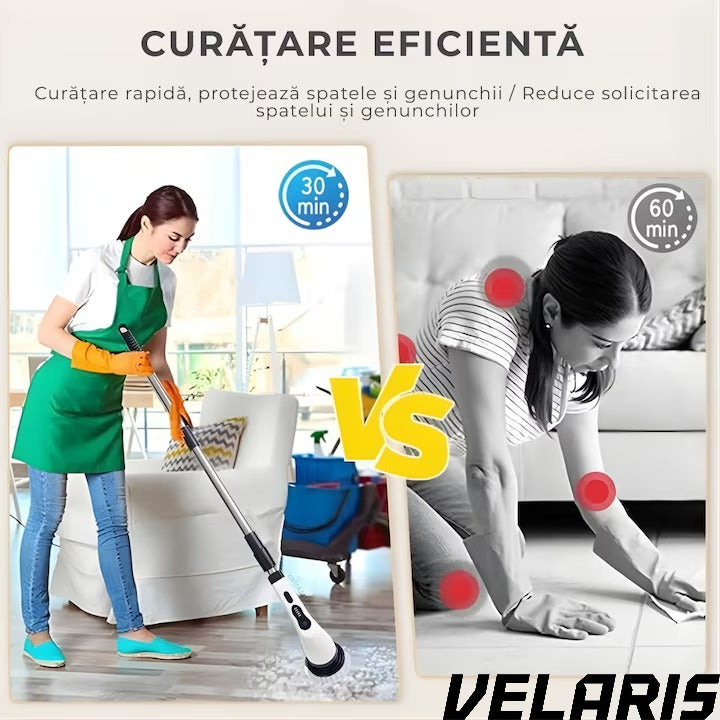 Perie electrica rotativa 9 in 1 cu 9 capete interschimbabile, 2 viteze reglabile, wireless, IPX7, maner extensibil, autonomie mare, LED