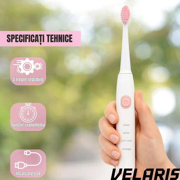 Periuta de dinti electrica V-801, 5 trepte viteza, 3 programe de curatare, albire, ingrijire medicala, functie memorare, autonomie 36h, rezistenta la apa IPX7, Alb/Roz