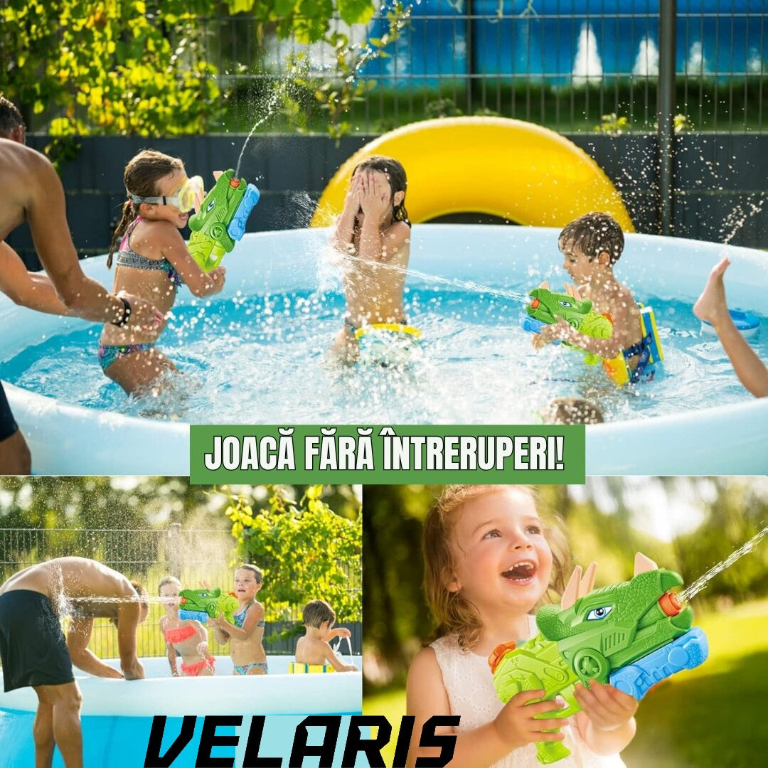 Pistol cu apa dinozaur, rezervor 1330 ml, 35 cm, 3 duze, raza actiune 8 m, PVC rezistent, durabil, +6 ani, verde moss