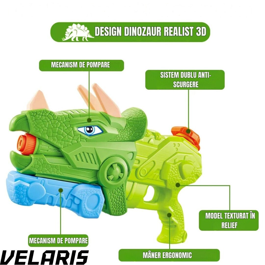 Pistol cu apa dinozaur, rezervor 1330 ml, 35 cm, 3 duze, raza actiune 8 m, PVC rezistent, durabil, +6 ani, verde moss