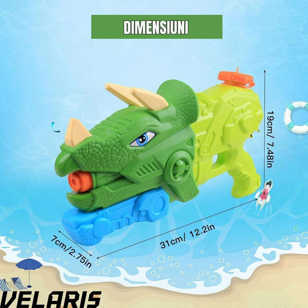 Pistol cu apa dinozaur, rezervor 1330 ml, 35 cm, 3 duze, raza actiune 8 m, PVC rezistent, durabil, +6 ani, verde moss