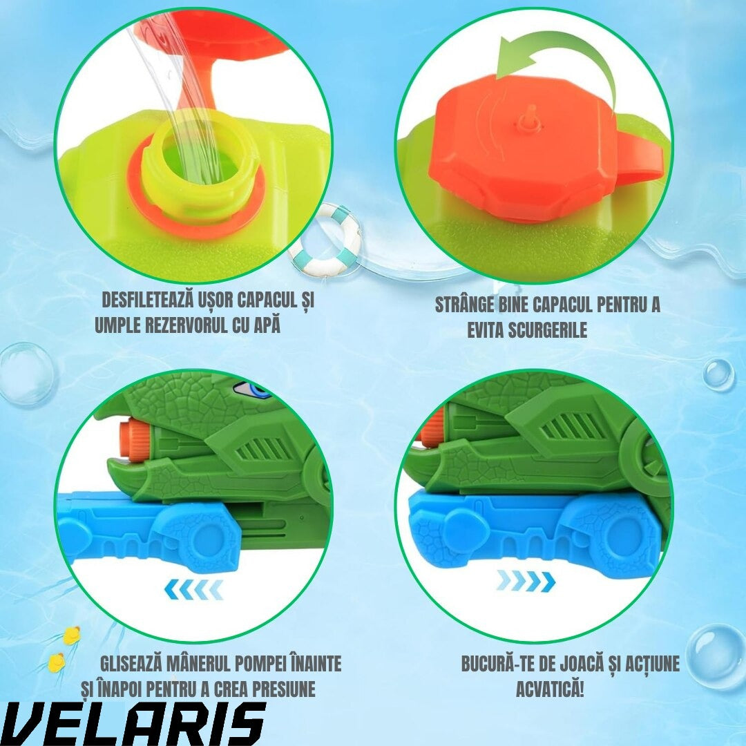 Pistol cu apa dinozaur, rezervor 1330 ml, 35 cm, 3 duze, raza actiune 8 m, PVC rezistent, durabil, +6 ani, verde moss