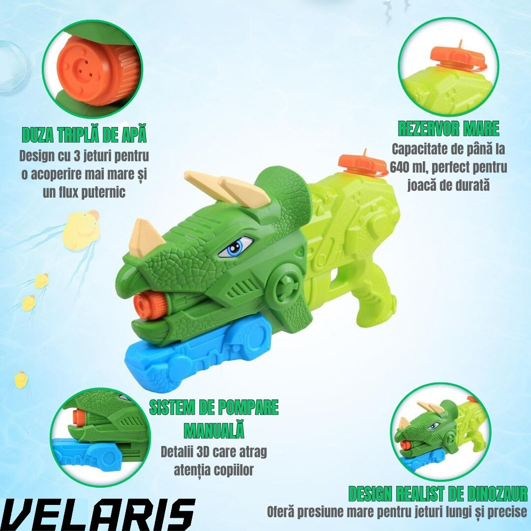 Pistol cu apa dinozaur, rezervor 1330 ml, 35 cm, 3 duze, raza actiune 8 m, PVC rezistent, durabil, +6 ani, verde moss