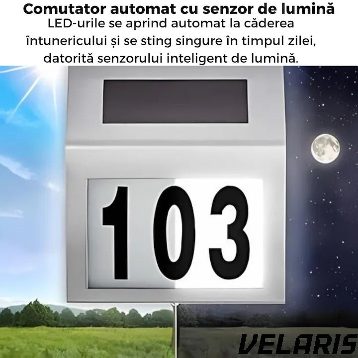 Placa Numar Casa cu Iluminare Solara LED Montaj Exterior, Detectie Automata Noapte-Zi, Rezistenta la Intemperii, din Inox