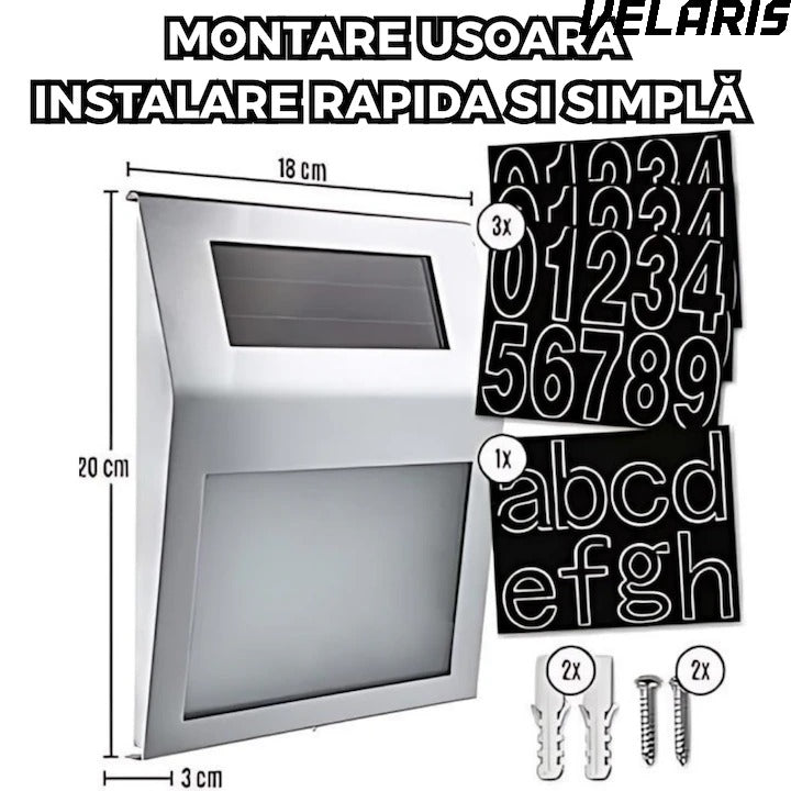 Placa Numar Casa cu Iluminare Solara LED Montaj Exterior, Detectie Automata Noapte-Zi, Rezistenta la Intemperii, din Inox