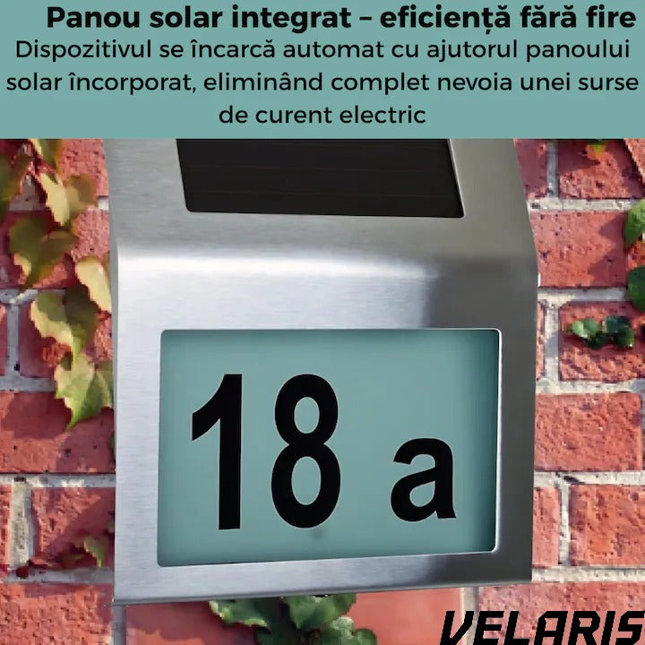 Placa Numar Casa cu Iluminare Solara LED Montaj Exterior, Detectie Automata Noapte-Zi, Rezistenta la Intemperii, din Inox