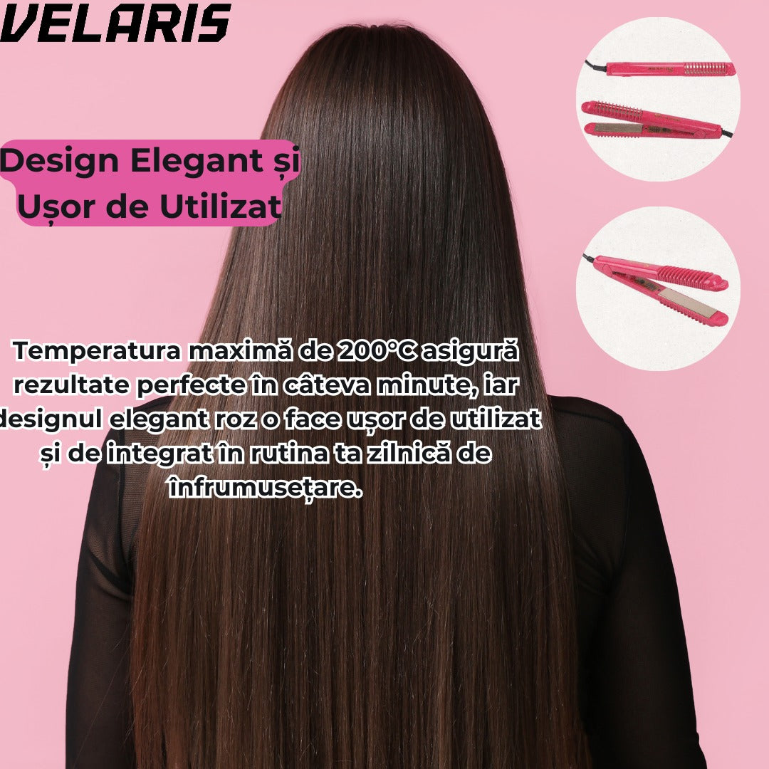 Placa pentru Indreptat Parul cu Placi Ceramice, 4 Trepte de Temperatura, Roz, Alimentare la Retea
