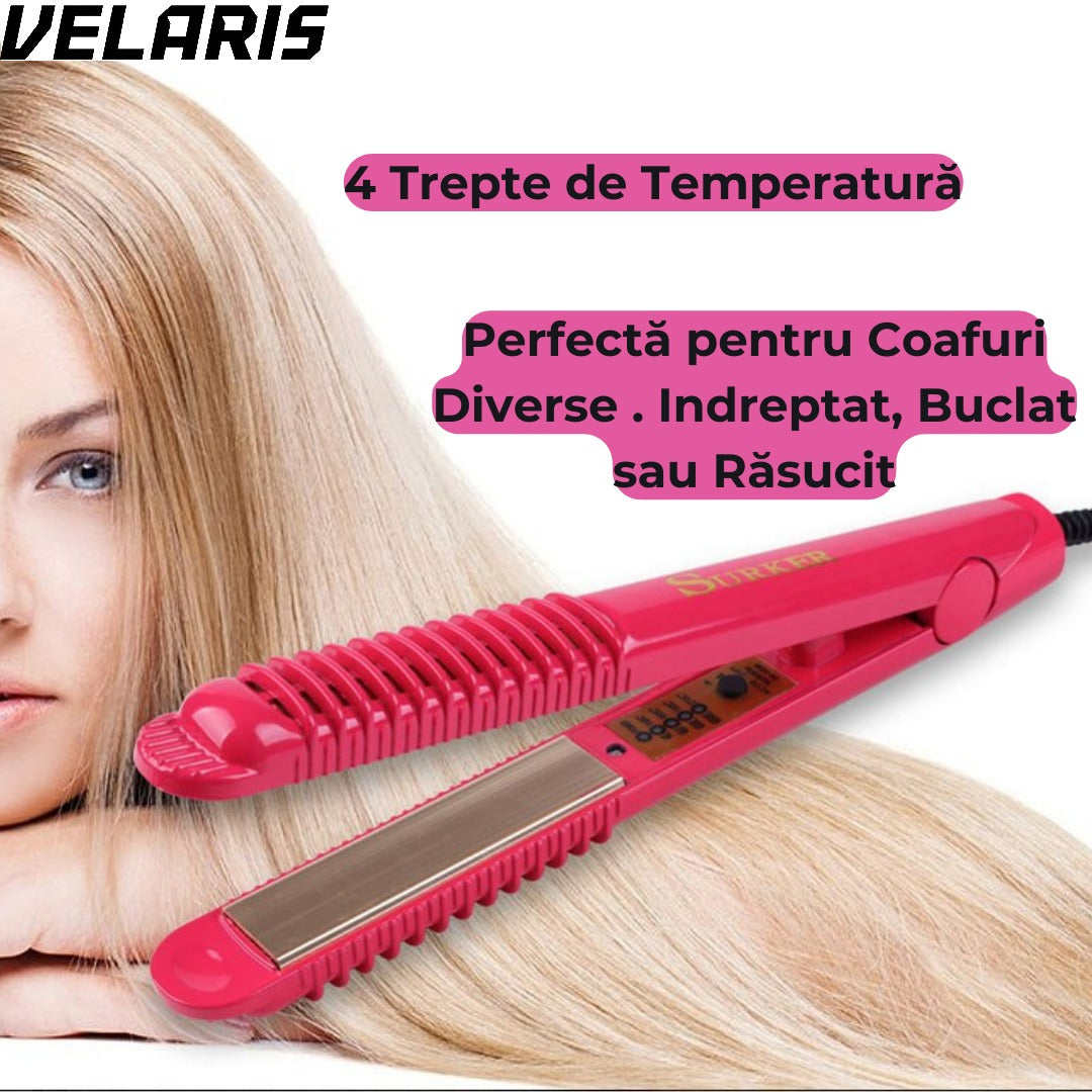 Placa pentru Indreptat Parul cu Placi Ceramice, 4 Trepte de Temperatura, Roz, Alimentare la Retea