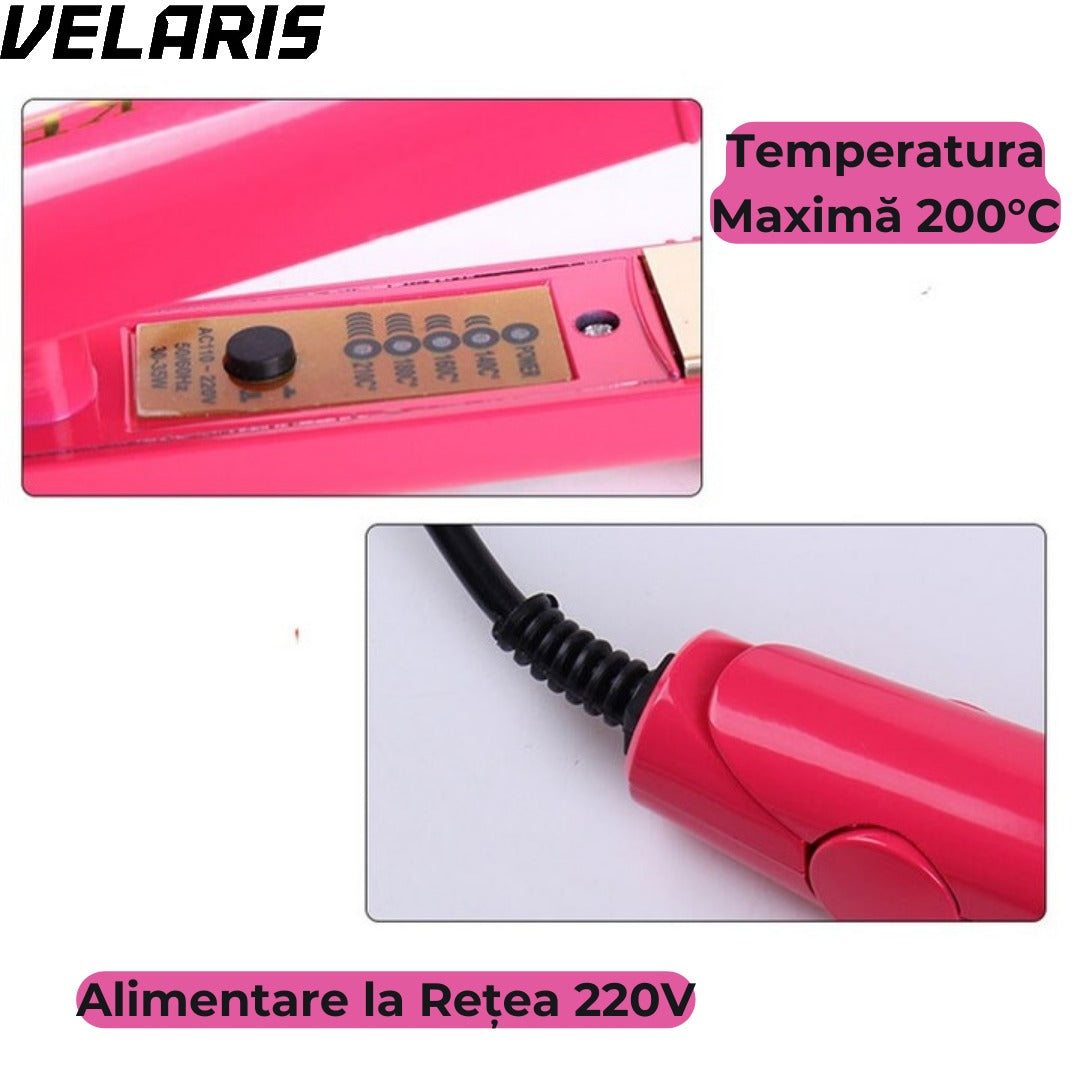 Placa pentru Indreptat Parul cu Placi Ceramice, 4 Trepte de Temperatura, Roz, Alimentare la Retea