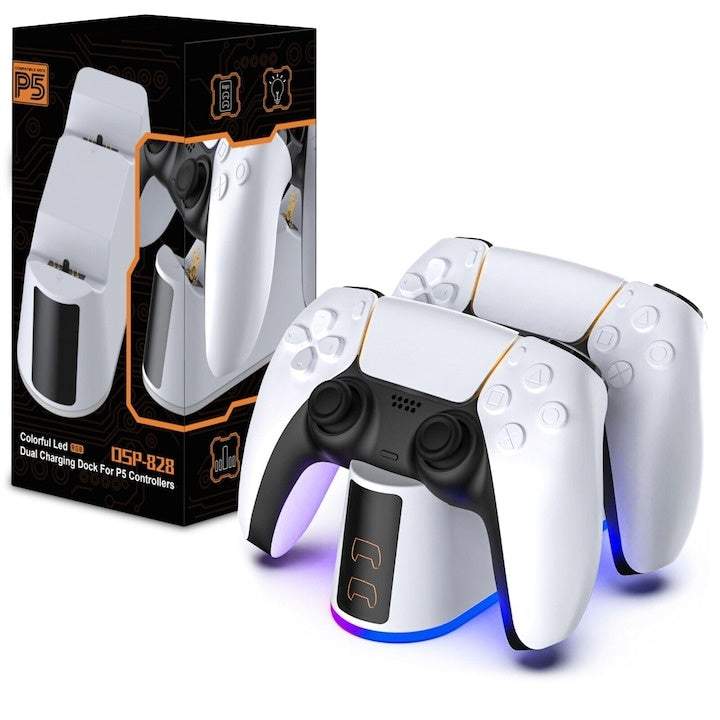 Stație de încărcare PlayStation 5 DualSense, alb, iluminare RGB