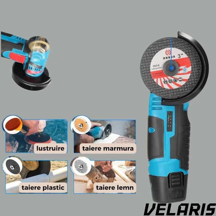 Polizor unghiular fara fir 12V, 2 Acumulatori Li-Ion, Discuri pentru Metal, Incarcator Inclus, Mini Flex Portabil