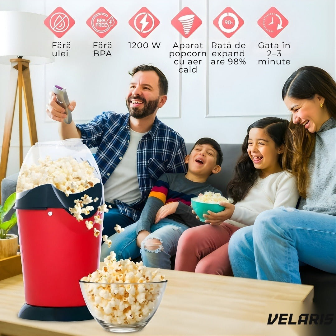 Aparat popcorn 1200W, capacitate 2,5 L, fără ulei, roșu