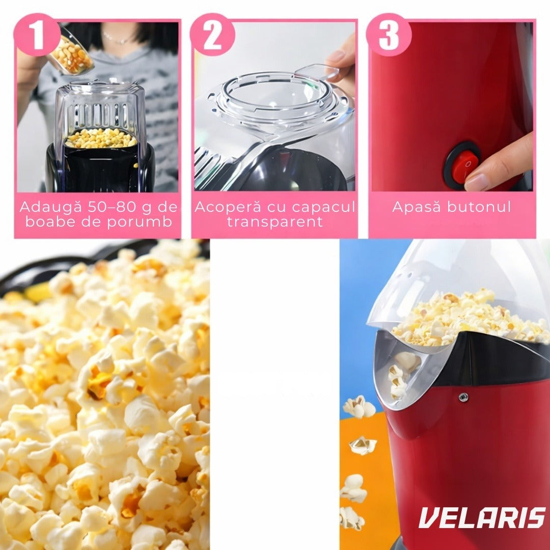 Aparat popcorn 1200W, capacitate 2,5 L, fără ulei, roșu