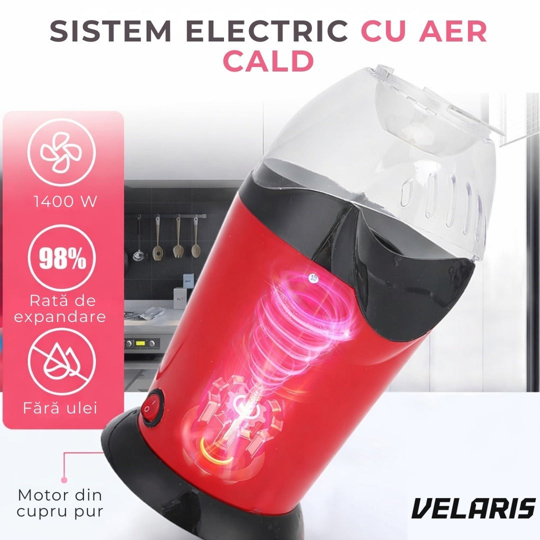 Aparat popcorn 1200W, capacitate 2,5 L, fără ulei, roșu