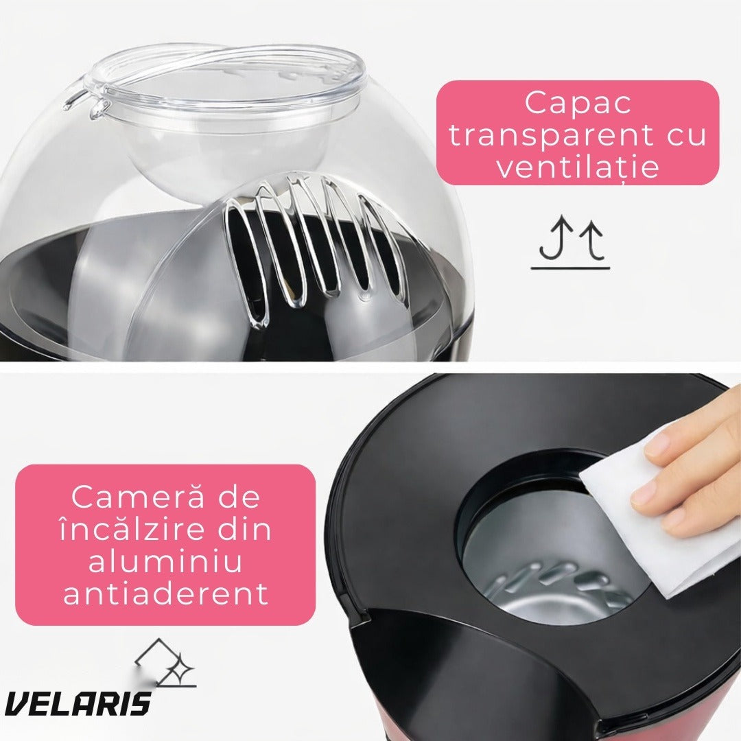 Aparat popcorn 1200W, capacitate 2,5 L, fără ulei, roșu