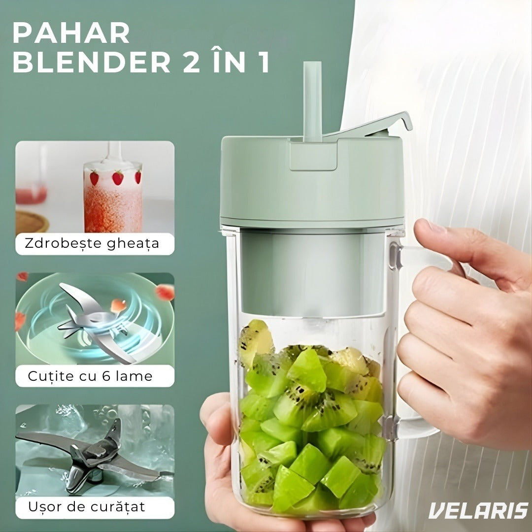 Blender portabil electric cu baterie reîncărcabilă USB, 6 lame inox, 420 ml, fără BPA