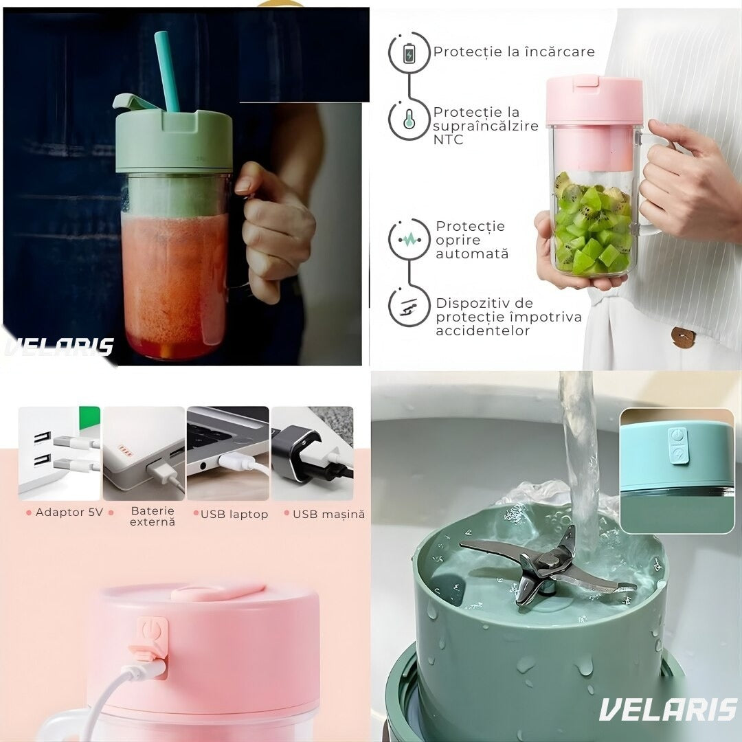 Blender portabil electric cu baterie reîncărcabilă USB, 6 lame inox, 420 ml, fără BPA