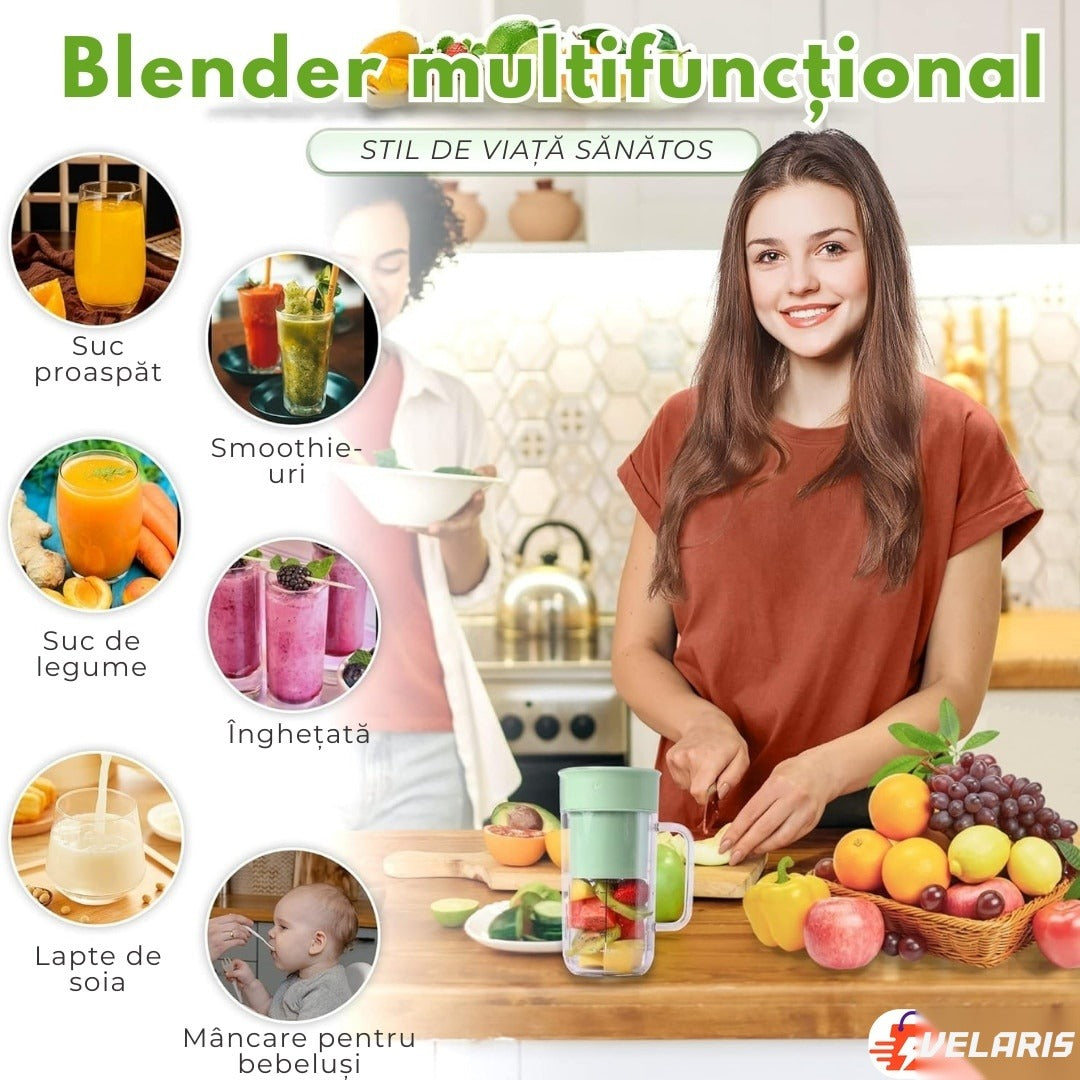 Blender portabil electric cu baterie reîncărcabilă USB, 6 lame inox, 420 ml, fără BPA