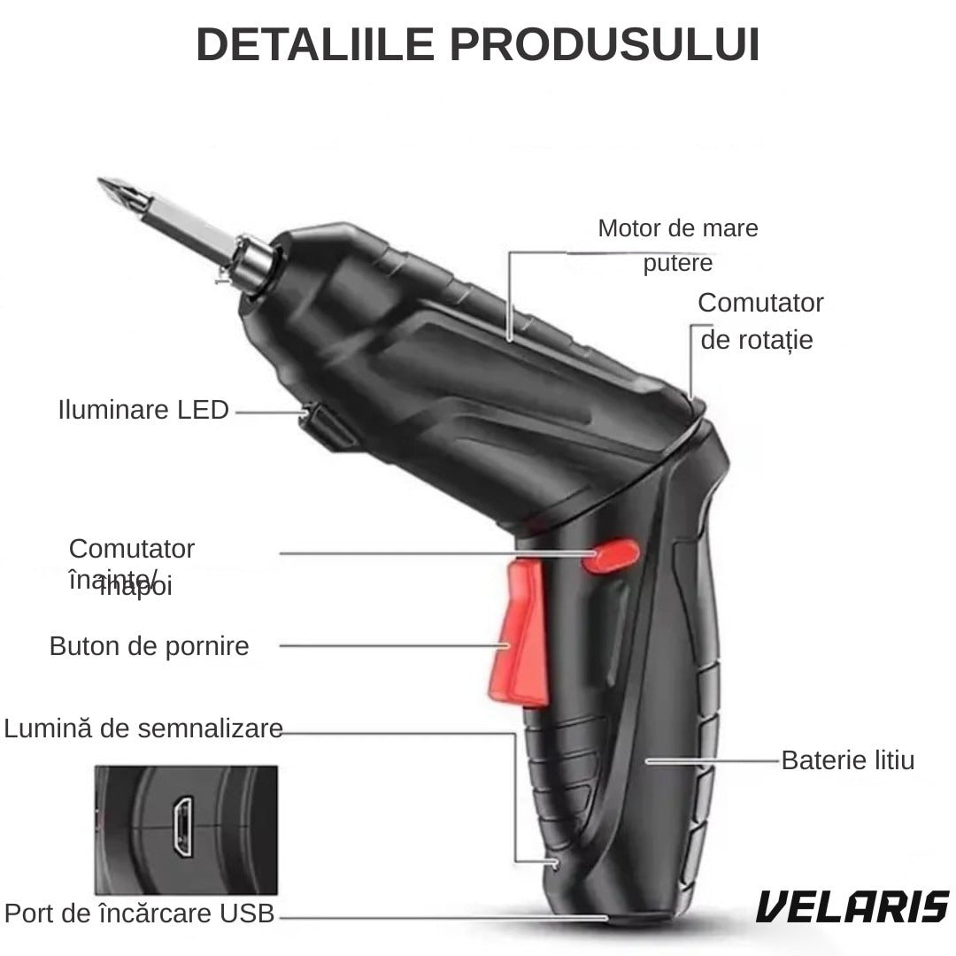 Șurubelniță electrică portabilă 47 buc, mâner rotativ 90-180°, baterie reîncărcabilă USB, geantă transport