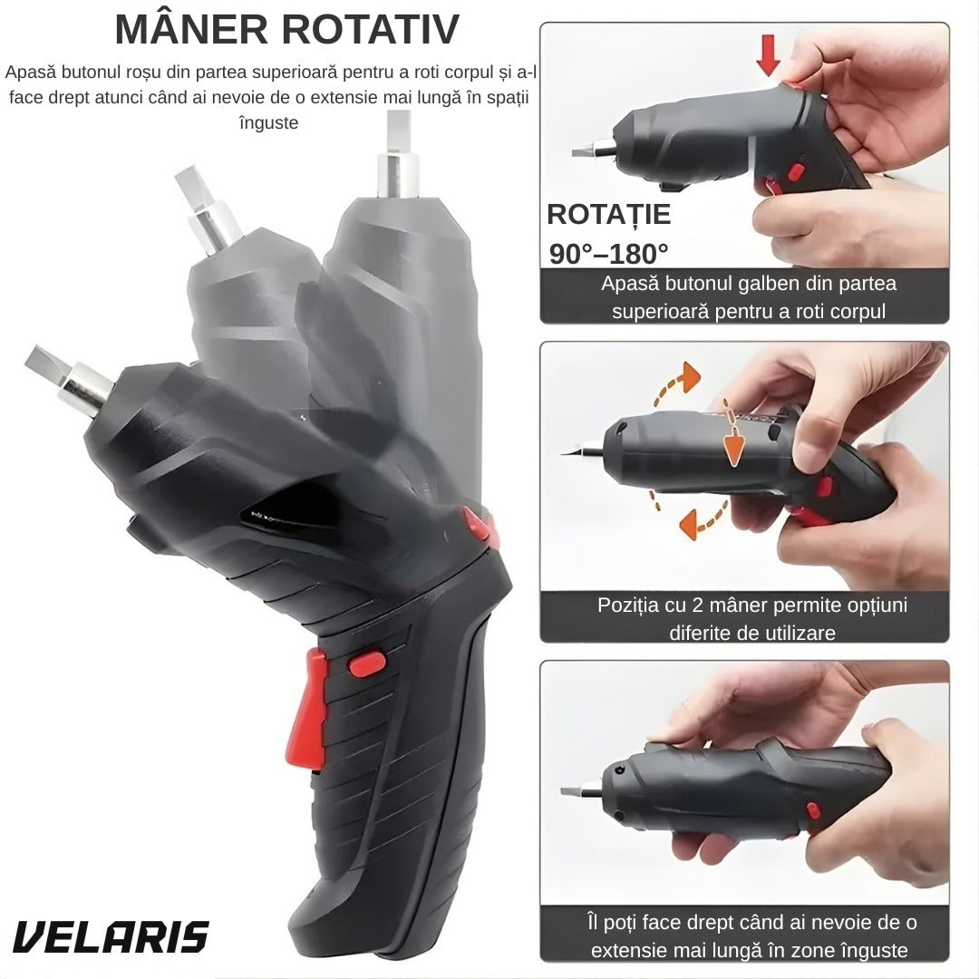 Șurubelniță electrică portabilă 47 buc, mâner rotativ 90-180°, baterie reîncărcabilă USB, geantă transport