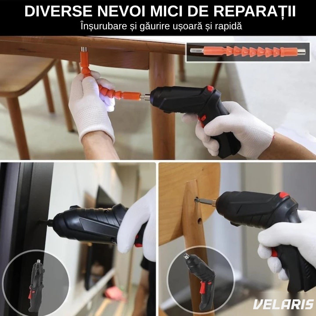 Șurubelniță electrică portabilă 47 buc, mâner rotativ 90-180°, baterie reîncărcabilă USB, geantă transport