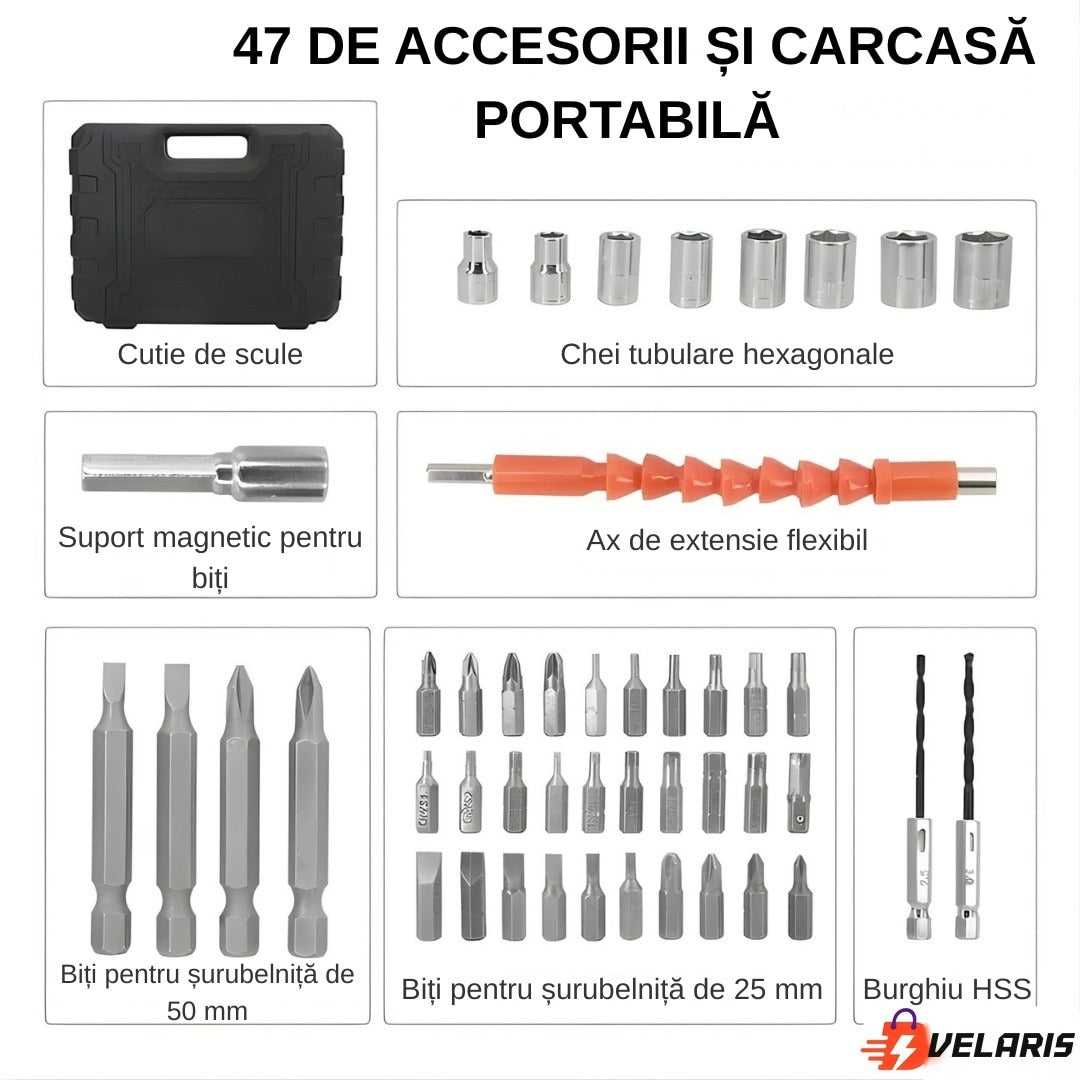 Șurubelniță electrică portabilă 47 buc, mâner rotativ 90-180°, baterie reîncărcabilă USB, geantă transport