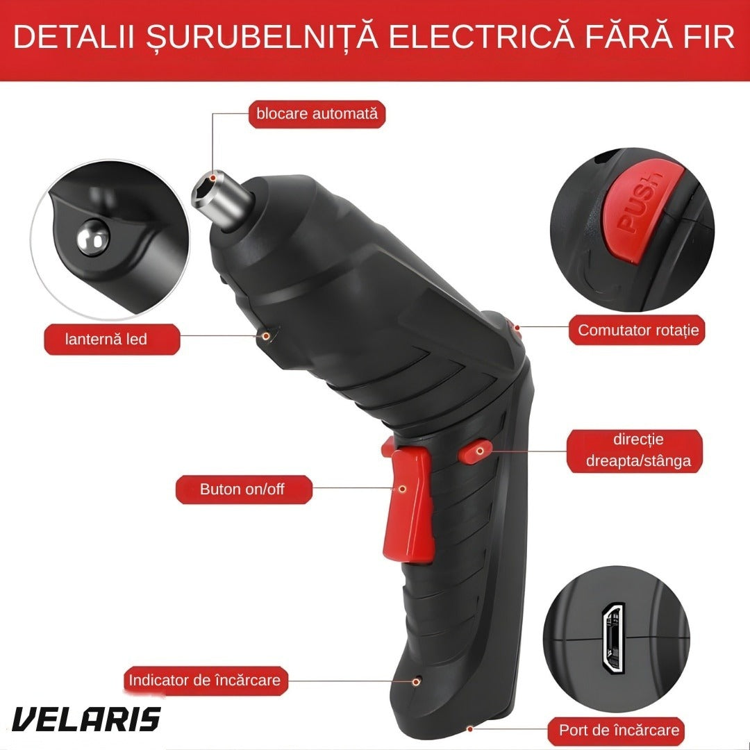 Șurubelniță electrică portabilă 47 buc, mâner rotativ 90-180°, baterie reîncărcabilă USB, geantă transport