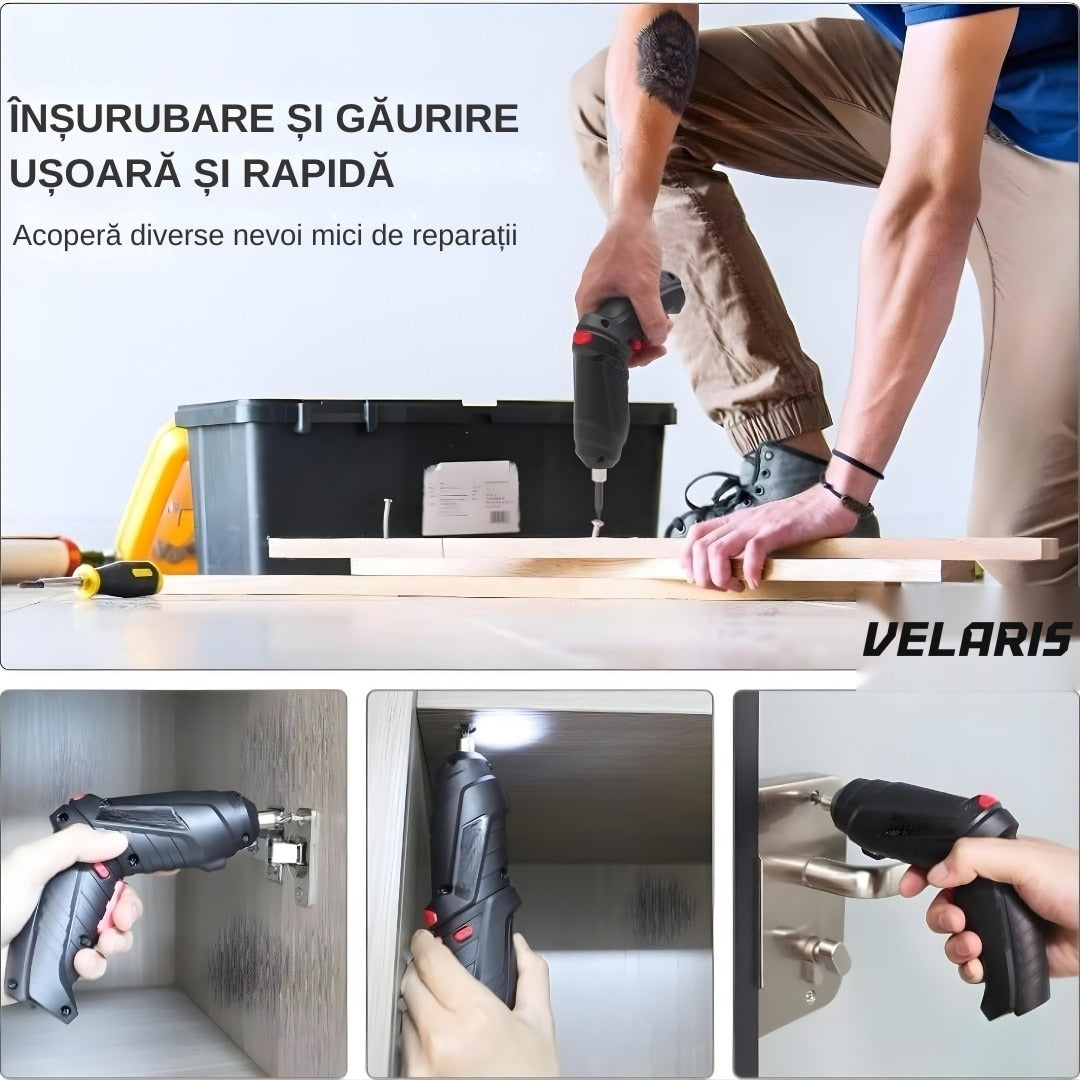 Șurubelniță electrică portabilă 47 buc, mâner rotativ 90-180°, baterie reîncărcabilă USB, geantă transport