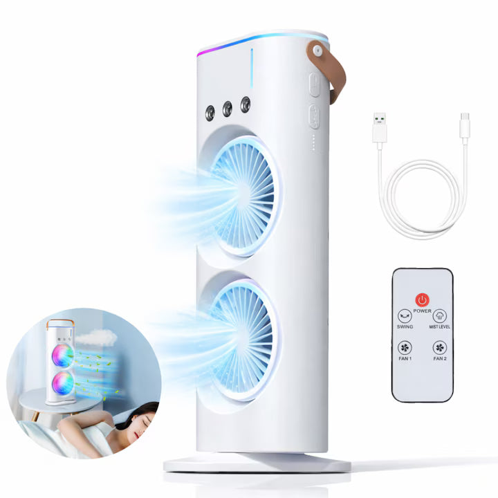 Ventilator portabil cu spray și cap dublu, răcire cu apă, 3 viteze, 360°, USB-C, 10W