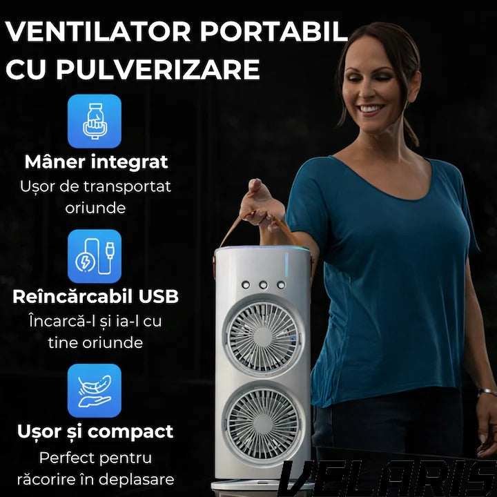 Ventilator portabil cu spray și cap dublu, răcire cu apă, 3 viteze, 360°, USB-C, 10W