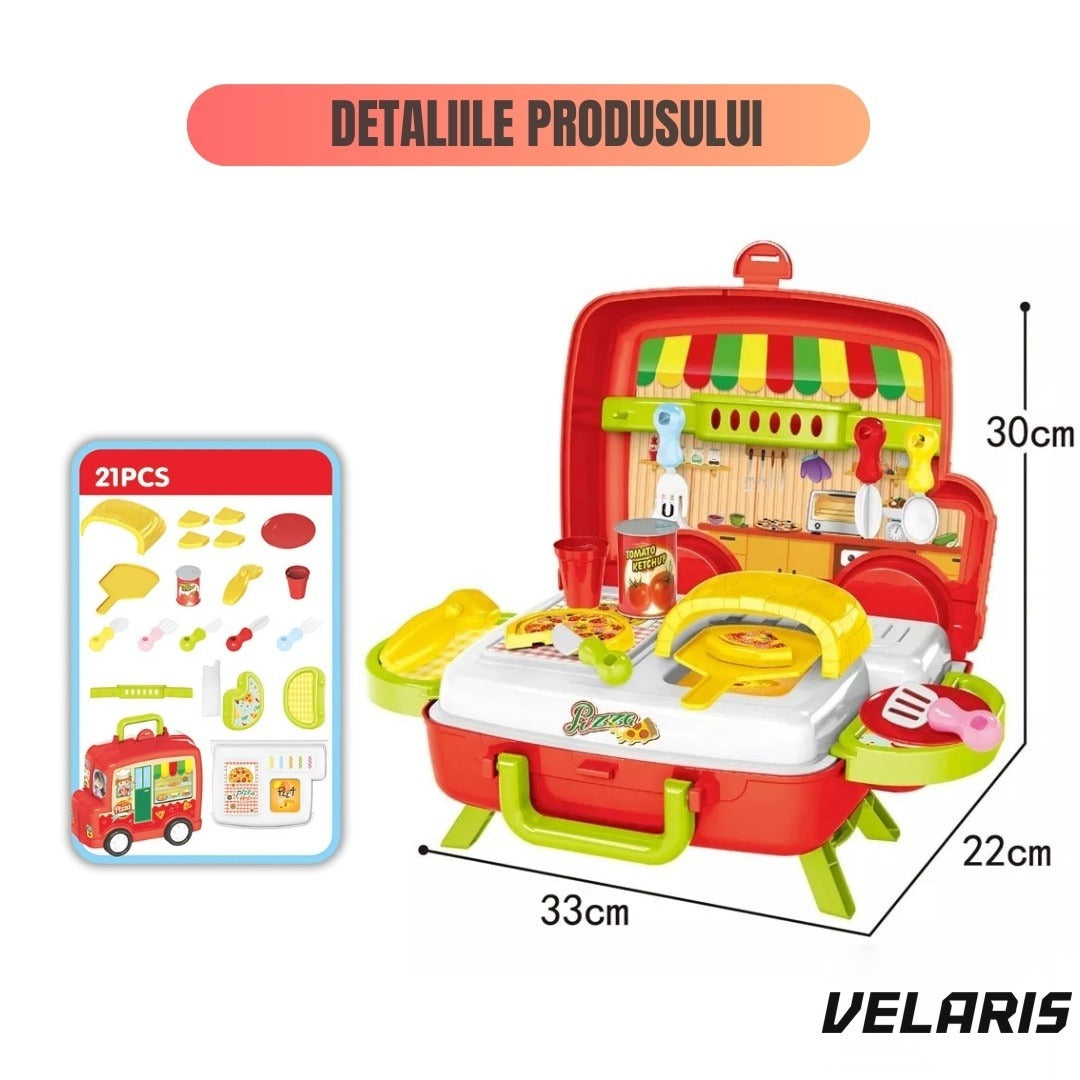 Set de joacă bucătărie portabilă 2 în 1 mașinuță, 21 piese, cuptor funcțional, roșu, 3+ ani