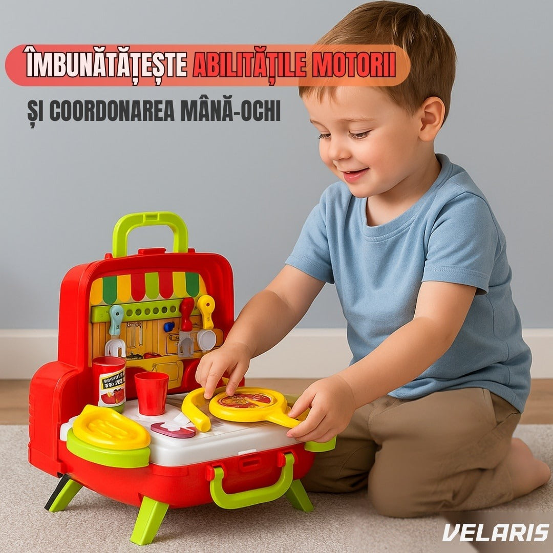 Set de joacă bucătărie portabilă 2 în 1 mașinuță, 21 piese, cuptor funcțional, roșu, 3+ ani