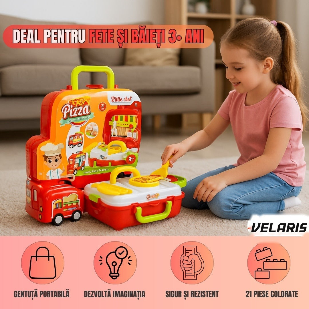 Set de joacă bucătărie portabilă 2 în 1 mașinuță, 21 piese, cuptor funcțional, roșu, 3+ ani