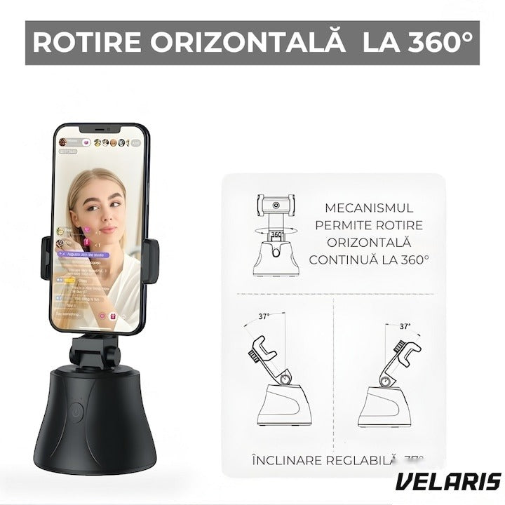 Suport telefon cu trepied portabil, rotire 360°, reglabil, pentru foto și video, negru
