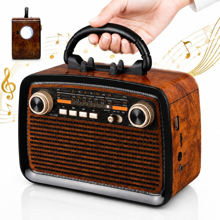 Radio portabil retro wireless, Bluetooth AM FM SW, 1200mAh, 5W cu lanternă LED