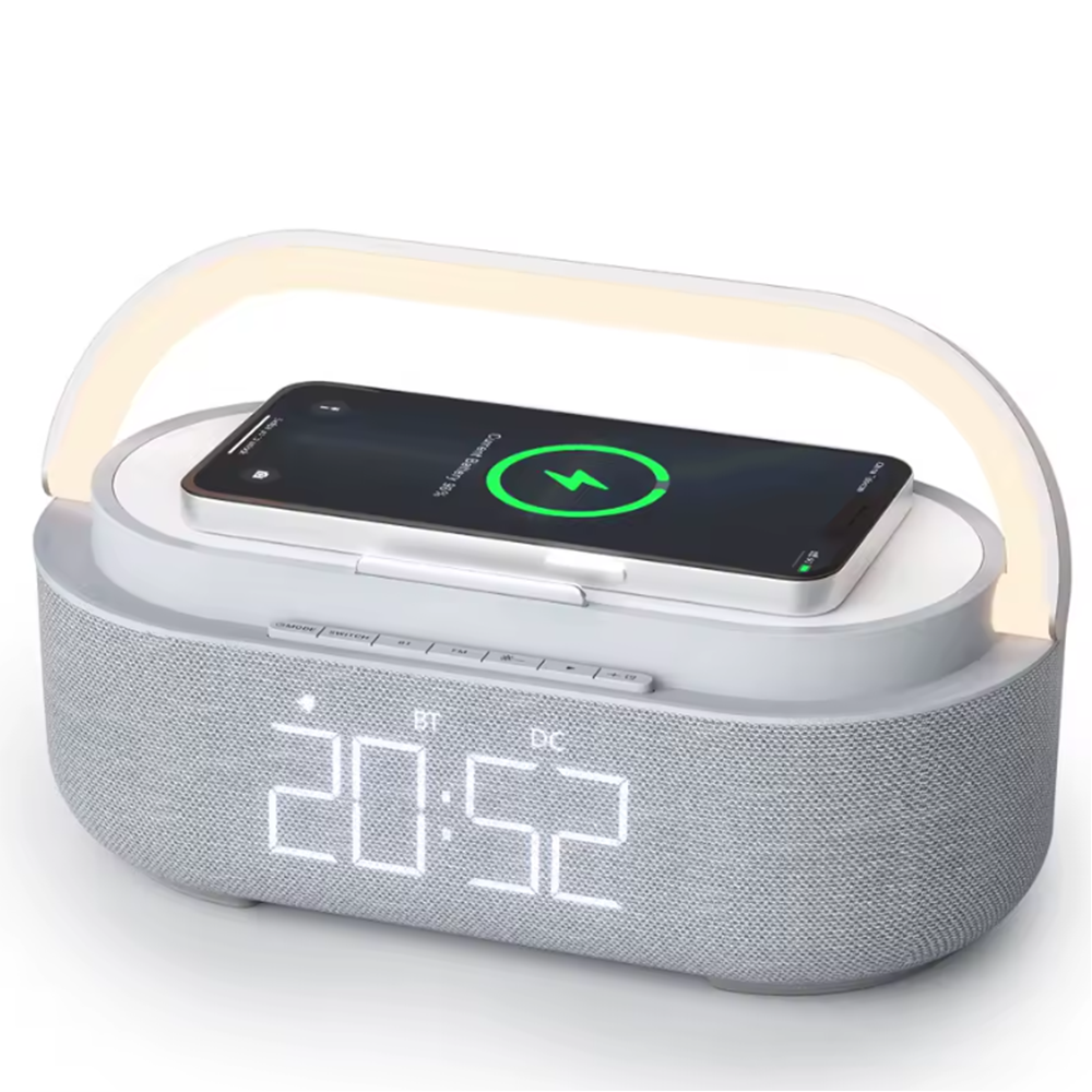 Difuzor portabil 3 în 1, ceas alarm + suport telefon, gri
