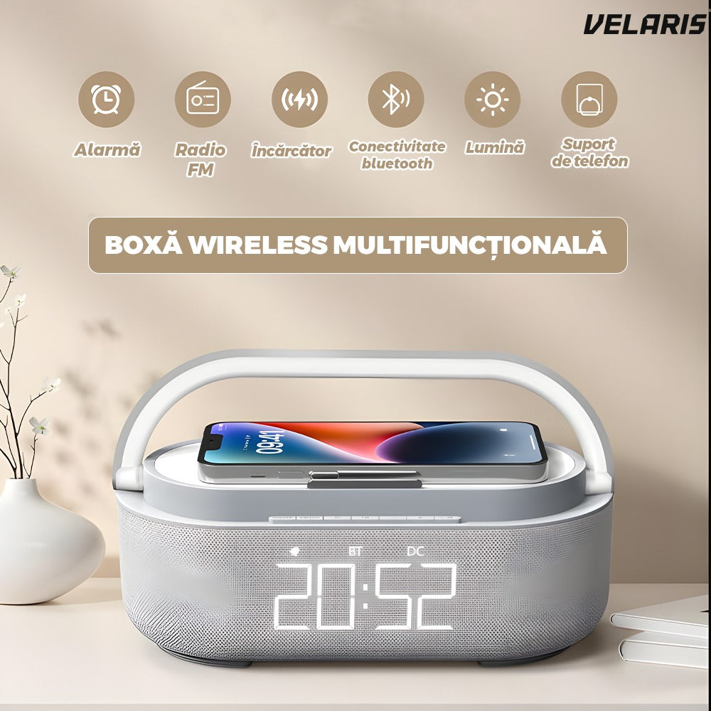 Difuzor portabil 3 în 1, ceas alarm + suport telefon, gri