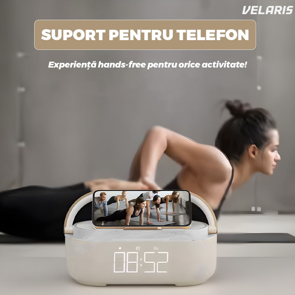 Difuzor portabil 3 în 1, ceas alarm + suport telefon, gri