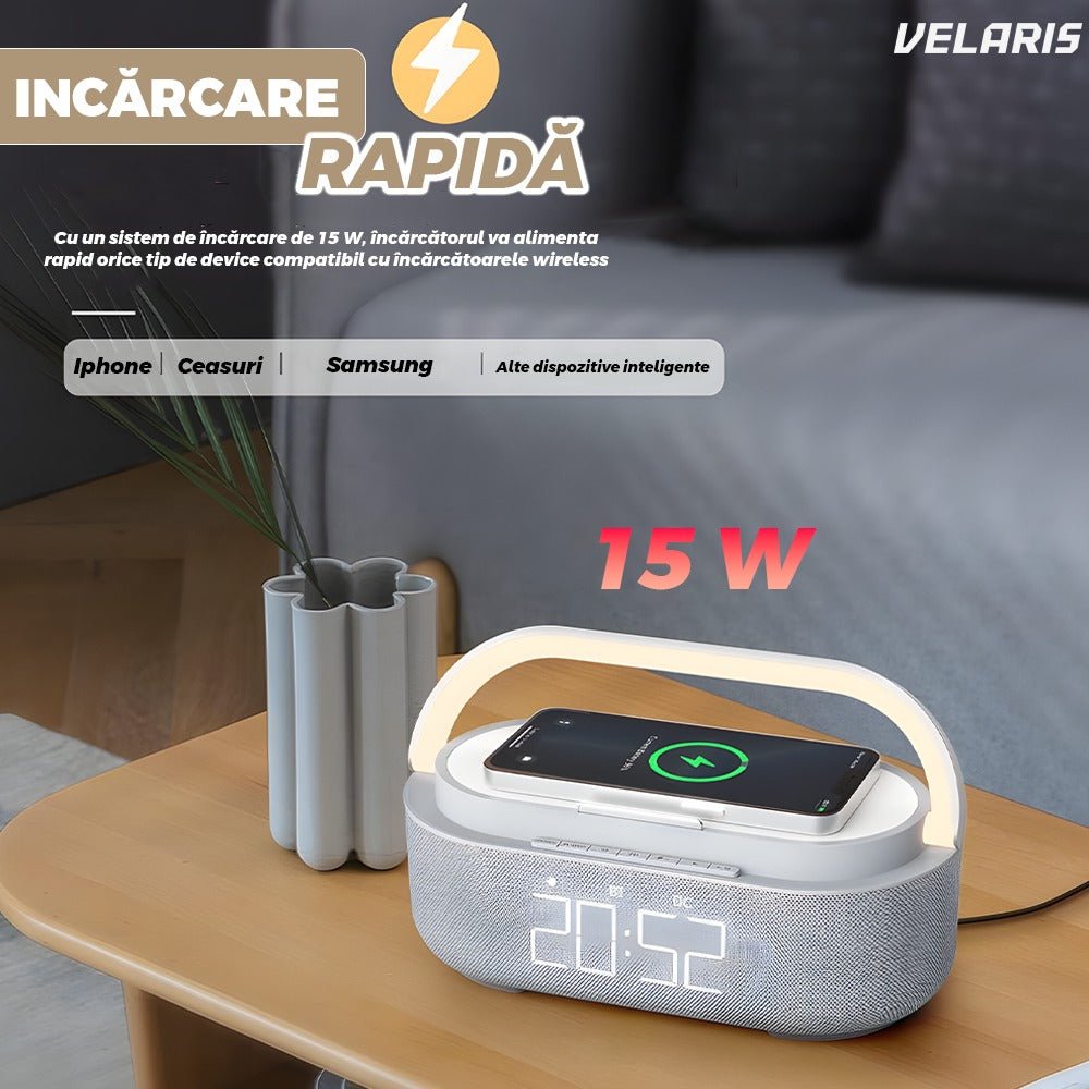 Difuzor portabil 3 în 1, ceas alarm + suport telefon, gri